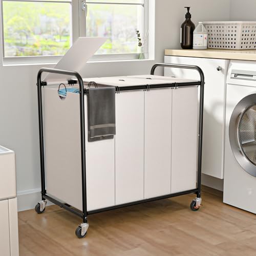 Laundry Sorter 4 Sections 48 Gal, Rolling Laundry Basket with Wheels ＆ Lid by OLLDIDE
