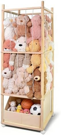 Stuffed Animal Storage with Tiny Toys Tray, Wood Stuffed Animal Zoo Storage with Brake Wheels, Space-Saving Plushie Playhouse for Nursery, Playroom, Kids Bedroom- Easy Assembly by Unknown