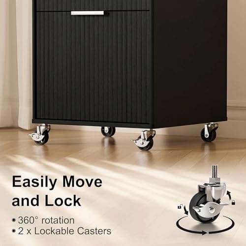 3 Drawers Fluted Mobile File Cabinet with Lock, Rolling File Cabinet Printer Stand Table, Under Desk Wooden Filing Cabinets for Home Office Essentials Storage Organization Furniture Letters/A4(Black) - Image 4