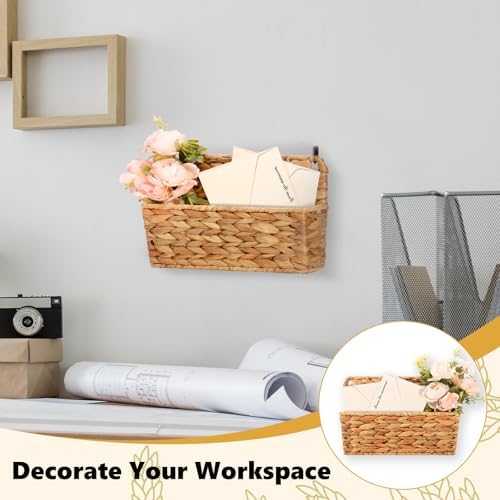 2 Pcs Woven Mail Holder Wall Mount Basket 9.25x1.57 Inch Rattan Wall Letter Holder Wicker Wall Basket Storage Water Hyacinth Hanging Storage Basket with Hooks for Mail Envelope Office - Image 7