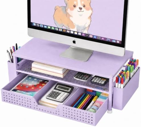 ECOLOVI Desk Organizer and Accessories, 2-Tier Computer Monitor Stand Rise with Storage Drawer & 2 Pen Holders, Laptop & Printer Stand for Desktop, Workspace Organizers for Office Supplies (Purple) by ECOLOVI