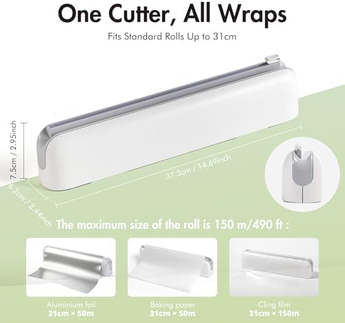 Aluminum Foil & Plastic Wrap Dispenser with Cutter - Easy One-Hand Operation, Space-Saving Kitchen Organizer for Worktops & Cabinets, Magnetic Cling Film Dispenser - Fits 12" Rolls, Gray - Image 4