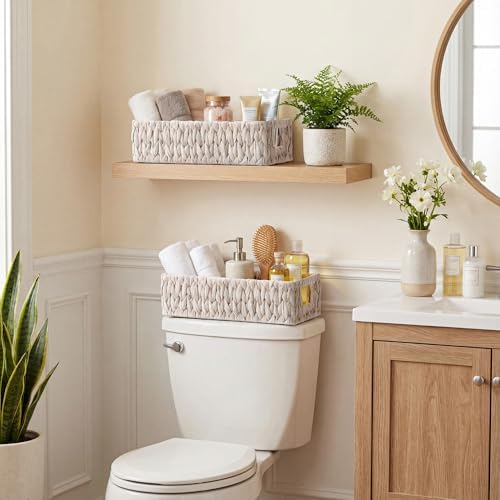 StorageWorks White Wicker Basket for Bathroom, Toilet Organizer Baskets - Image 4
