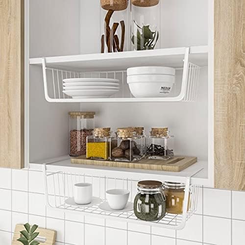 Under Shelf Storage Basket, Hanging Shelf Basket Slides Under Shelves for Storage Metal Under Cabinet Shelf Basket Organizer for Kitchen Pantry Desk Bookshelf (White Pack of 4) - Image 2