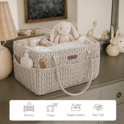 Konssy Baby Diaper Caddy Organizer, Braided Quilted Design with PU Handles - Image 6