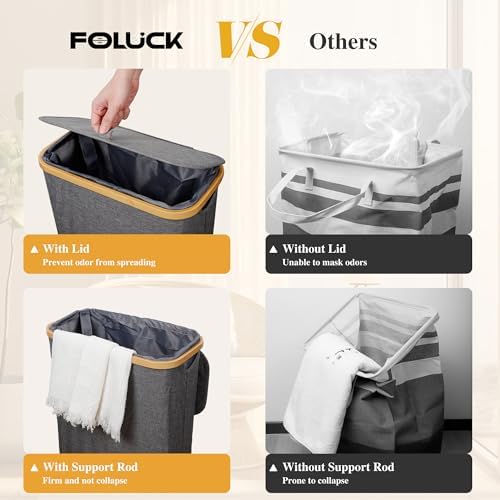 Foluck Slim Laundry Hamper, 60L Waterproof Narrow Laundry Basket with Lid and Removable Bag, Collapsible Tall Clothes Hamper with Bamboo Handles for Clothes Toys in Dorm Bedroom Bathroom, Grey - Image 5