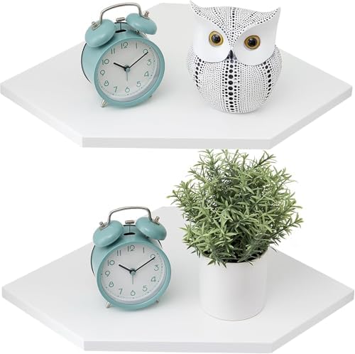 Corner Floating Shelves, White Corner Wall Shelf Set of 2, Solid Oak Wood Corner Shelves Wall Mount Shelf with Wire Hole Small Plant Display for Kitchen Living Room Bedroom by Coamily
