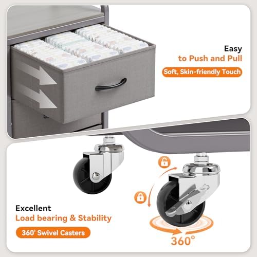 KINGRACK Baby Diaper Caddy Organizer and Storage Cart with Cloth Drawers | 3 Tier Metal Rolling Cart, 2-in-1 Large Capacity Mobile Utility Cart for Nursery, Bedroom, Changing Table & Crib - Image 5