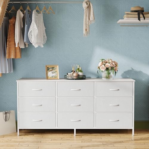 Huuger 9 Drawer Dresser, 47 Inch TV Stand for 50, 55 Inch TV, Entertainment Center with Drawers, Fabric Dresser Chest of Drawer for Bedroom, Closet, PU Leather Surface, White - Image 7