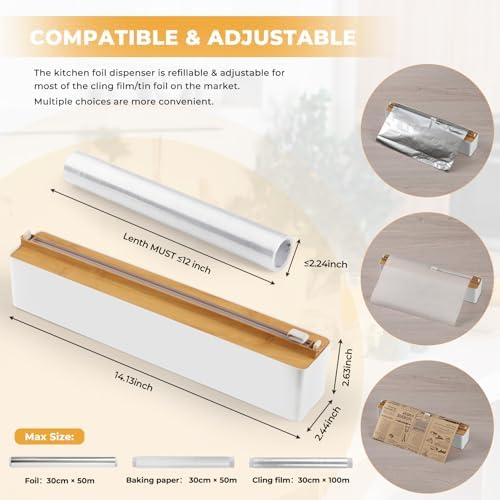 Magnetic Plastic Wrap Dispenser with Cutter - Quasziwa Upgrade Practical Refillable Cling Wrap Aluminum Tin Foil Organizer for Drawer, Include an Extra Roll of 12"X 164' Food Cling Film - Wood Grain - Image 6