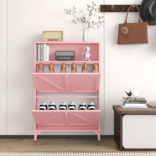 Shoe Cabinet with 2 Flip Drawers, Narrow Shoe Storage Cabinet, Farmhouse Shoe Organizer, Freestanding Organizer with Metal Legs for Entryway, Foyer (Pink, 2 Door) - Image 2