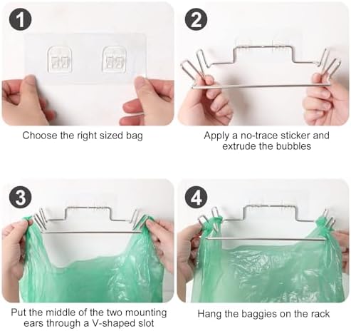 2 Pcs Stainless Steel Trash Bag Holder for Kitchen Cabinets Doors and Cupboards, Under Sink Bag Hanger, Portable Trash can, Waste Bins, Wall Adhesive Hanging Garbage Bins, With Wall Sticker Base - Image 4