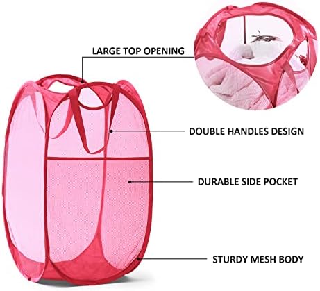 TECHMILLY Collapsible Mesh Pop Up Laundry Hamper with Sturdy Handles and Side Pocket - Portable Foldable Clothes Baskets for Dorm, Bathroom & Travel Storage (Pink, 2 Packs) - Image 3