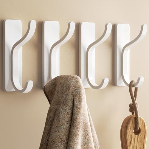 Adhesive Wall Hooks for Towel/Coat,13Lb Strong Stick-On Hooks, White 4 Pack by pickpiff