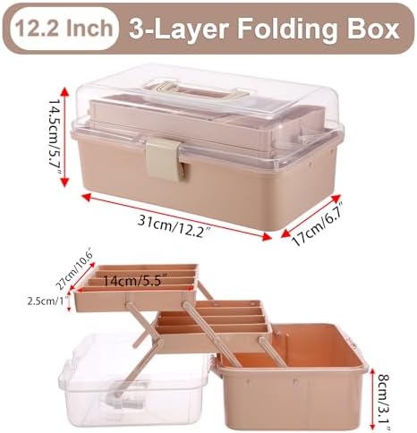 BTSKY 3-Layer Foldable Craft Organizer, Portable Tackle Box with Handle & Adjustable Dividers, Multi-Purpose Toolbox for Art Supplies, Sewing, Medicine, 12.2x6.7x5.7 Inch, Blush Pink - Image 4