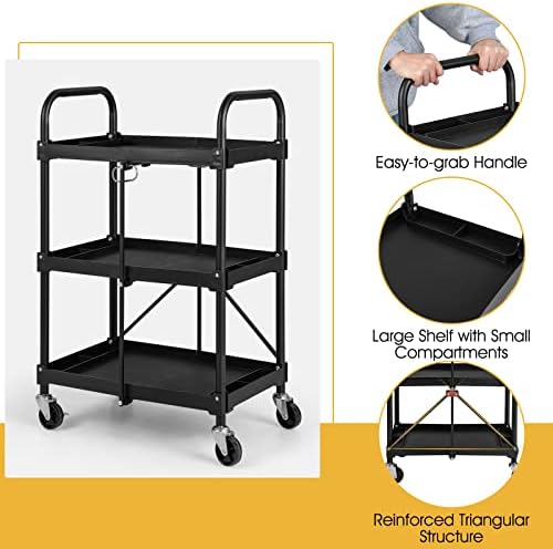 Goplus Folding Utility Cart on Wheels, 250lbs 3-Tier Rolling Tool Cart w/Lockable Casters & Compartments, Fast Fold up Collapsible Metal Service Cart for Office, Garage, Kitchen, Black - Image 4