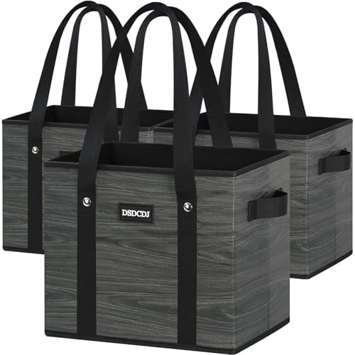 Reusable Grocery Bags - Heavy Duty Reusable Shopping Bags with Hard Bottom & Long Handles, Foldable Large Utility Tote Bag with Box Shape to Stand Up - for Kitchen, Picnic, 3 Pack, Grey by DSDCDJ