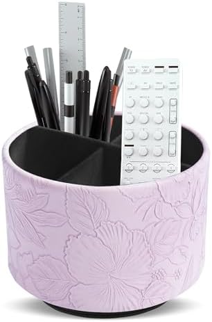 Round Leather Art Supply Organizer,Remote Control Holder,360 Degree Spinning,Multi-Functional Pencil Holder,4 Compartments Desktop Stationary Organizer(1-Carved Purple) by Hennaja