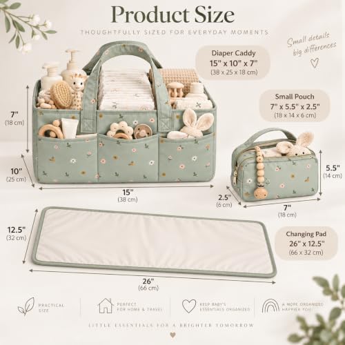 PeraBella Baby Diaper Caddy Organizer 3 Pcs Set, Floral Baby Basket Shower Gift, Nursery Organizer Basket for Newborn Boy Girl Essential Items, Changing Table Organizer Caddy for Baby Stuff, Car Caddy - Image 2