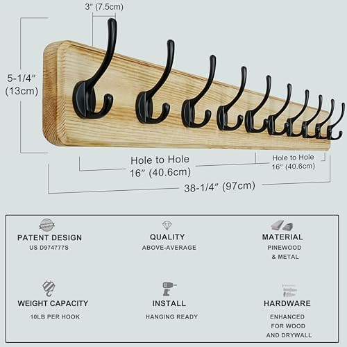 Dseap Coat Rack Wall: 38-1/4" Long, Patented, Heavy-Duty, 10-Double-Hooks Wooden Wall Mounted Coat Rack Coat Hanger Hook Rail for Winter Coats Hat Jacket Clothing, Light Brown - Image 4