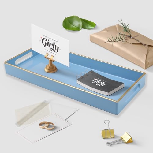 Blue Bathroom Vanity Tray for Countertop, Small Plastic Toilet Tank Versatile Storage & Organization Tray for Makeup, Perfume, Desk, Kitchen, Candles, 13.7"x6"x1.4", 35BL - Image 3