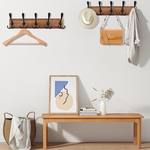 Kuhome Coat Rack Wall Mount Wooden Hat Rack for Wall Hooks Pine Real Wood Plank 16.9" Brown Coat Hanger with 5 Triple Hooks for Hanging Coat Hat Jacket - Image 4