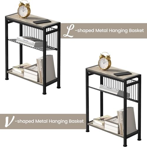Small Side Table for Small Space, 3-Tier Narrow End Table with Magazine Holder, Slim Nightstand, Skinny Snack Couch Table in Living Room, Bedroom, Study, Kitchen and Balcony (Greige) - Image 5