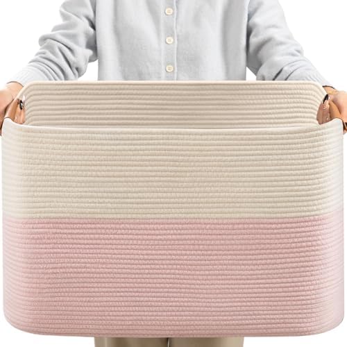 danpinera Large Woven Basket 25’’*16’’*16’’ Rectangle Woven Baskets for Storage, Storage for Living Room, Soft Cotton Rope Basket With Handle, Large Basket for Kids Dog Toys, 108L Pink+White by danpinera