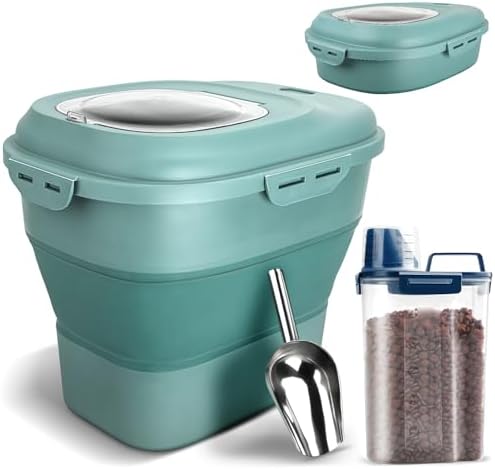 TIOVERY Dog Food Storage Container, Airtight Collapsible 13lb to 30lb Pet Food Container with Flip Top, Rolling Wheel, Scoop and 3L small container for Dog Cat Food and Dry Food of Rice, Flour by TIOVERY