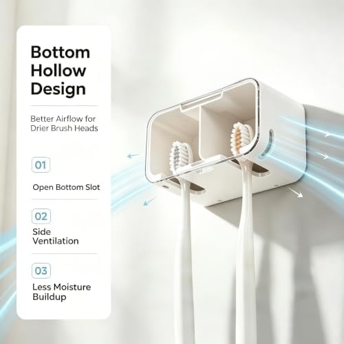 Toothbrush Holder Wall Mounted with Pop-Up Waterproof Cover, 2 Slots & Ventilated, No-Drill Adhesive Bathroom Organizer, Detachable Easy Clean, Fits Most Manual & Electric Toothbrushes (2pc Grey) - Image 3