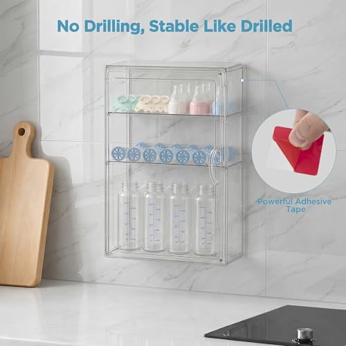 HBlife Baby Bottle Storage Organizer for Countertop Cabinet, 3 Tiers Adjustable Clear Acrylic Bottles Storage Station Case Box Container with 2 Removable Dividers and Magnetic Door, Medium - Image 6