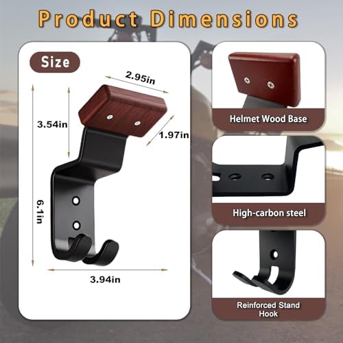 Motorcycle Helmet Holder Wall Mount - Heavy Duty Helmet Hanger Rack with 2 Key Hooks, Solid Wood & Strong Steel Design for Bike, Football, Skiing Sports Gear, Jackets & Hats (2) - Image 3