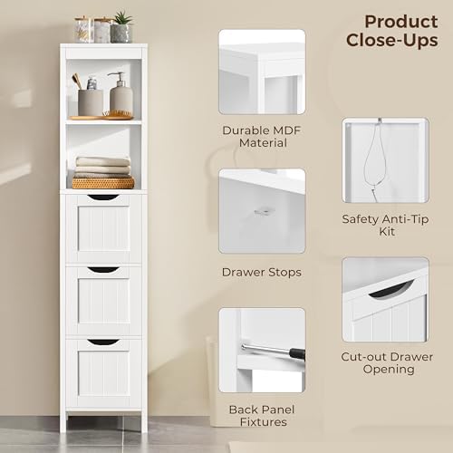 Yaheetech 56" Tall Narrow Bathroom Storage Cabinet with 3 Drawers, White - Image 5