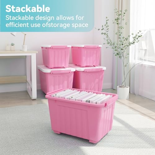 Nazhura Plastic Storage Bin, Stackable and Nestable Storage Boxes with White Lids and Secure Latching Buckles, Large Storage Container (Pink/White, 72Quart-6Pack) - Image 5