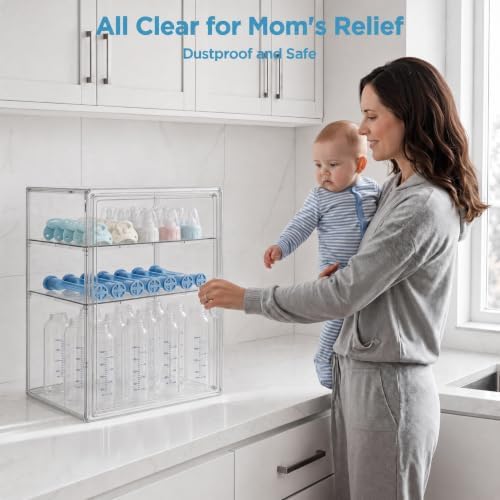 HBlife Baby Bottle Storage Organizer for Countertop Cabinet, 3 Tiers Adjustable Clear Acrylic Bottles Storage Station Case Box Container with 2 Removable Dividers and Magnetic Door, X-Large - Image 2