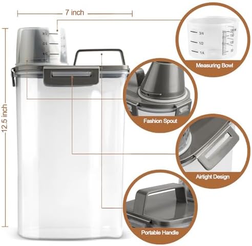 TIOVERY Upgraded Dog Food Storage Container Small, Cat Food Container Airtight, Pet Food Container Dispenser with Pour Spout, Measuring Cup and 4 Seal Buckles for Dogs, Cats, Birds (Grey) - Image 4