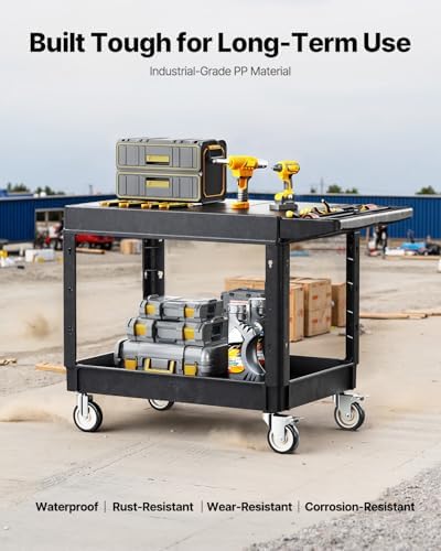 VEVOR Utility Cart, 550 lbs Load Capacity, 37 x 25.4-inch Service Cart, Two-Shelf Heavy Duty Plastic Utility Cart with 360° Swivel Wheels (2 with Brakes), Suitable for Warehouse, Garage, Cleaning - Image 5