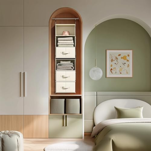 6-Shelf Hanging Closet Organizer with 3 Drawers, 2-in-1 Design, Beige - Image 2