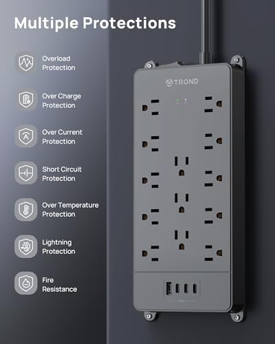 TROND Power Strip Surge Protector 10ft Cord, 4000J, 4 USB, ETL Listed,Black - Image 7