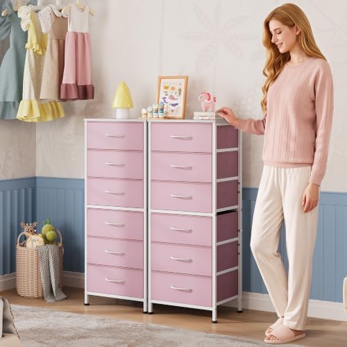 WLIVE Fabric Dresser for Bedroom, 6 Drawer Dressers Chest of Drawers, Pink - Image 2