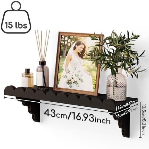 QsQueen Scalloped Wood Wall Shelf – 17 Inch Floating Shelf with Wood Brackets, Easy to Install Rustic Wall Shelf for Living Room, Bedroom, Bathroom, or Any Space, Black Shelves - Image 3