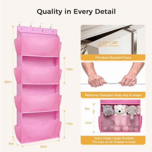 Over Door Stuffed Animal Storage Organizer Large Plush Toy Holder with Mesh Window Pink - Image 4