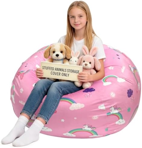 Lukeight Unicorns Stuffed Animal Storage Bean Bag Chair Cover for Teens, Velvet Plush Toy Organizer Seat, Cover Only, No Filling Included, Long YKK Zipper, Side Pocket, XX-Large 36"D x 20"H by Lukeight