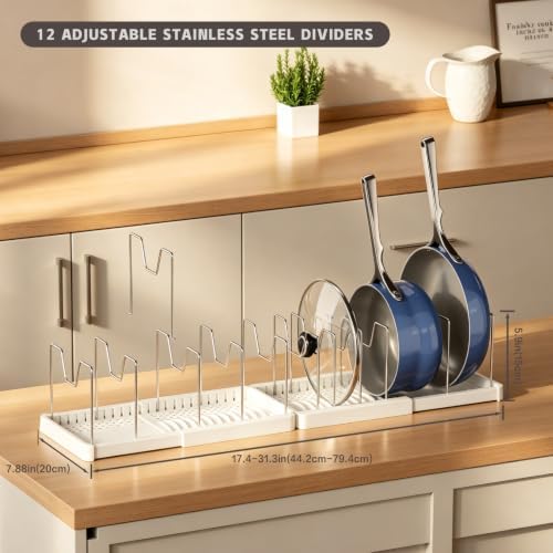 Magheo 2 Pack Expandable Food Storage Container Lid Organizers, 31.3" Pots and Pans Organizer Under Cabinet with 12 Adjustable Dividers Pot and Pan Lid Holders Rack Inside Cabinet(White) - Image 3