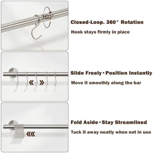 26 Inch Kitchen Utensil Rack, SUS304 Stainless Steel Pot and Pan Hanging Rail with 10 Sliding Hooks, Heavy Duty Wall Mounted Hanger and Organizer for Cookware, Mugs, Lids (Brushed Nickel) - Image 3