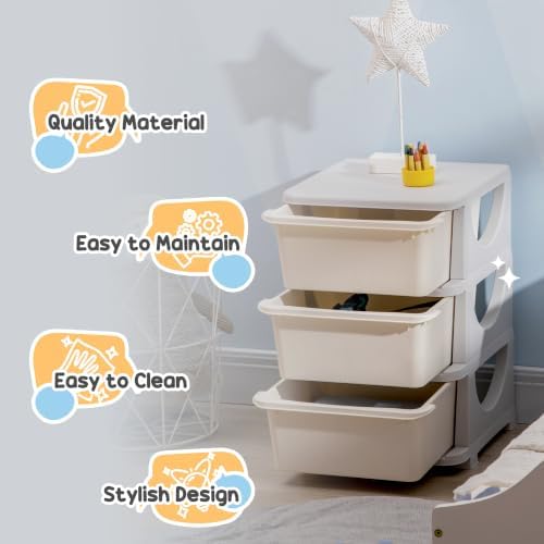 Qaba 3 Drawers Kids Storage Unit 3 Tier Toy Organizers Cream White - Image 7