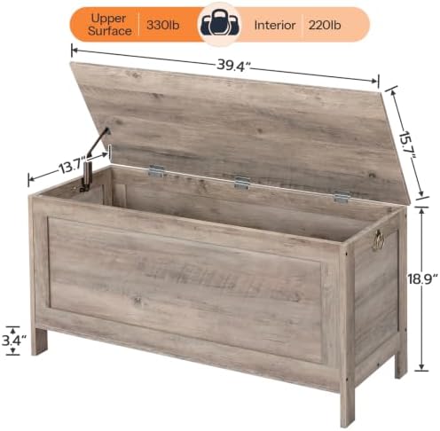 HOOBRO Toy Box, Retro Wooden Look Storage Chest with Safety Hinge, Entryway Storage Bench Supports 330 lb, 39.4 x 15.7 x 18.9 Inches Toy Chest Organizer, Easy Assembly (Greige) BG100CW01G1 - Image 4