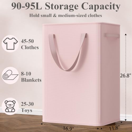 Optish 90L Pink Slim Laundry Hamper, Large Laundry Basket with Handles, Baby Hamper for Nursery, Dorm, Bedroom, Living Room, Collapsible Laundry Basket - Image 3