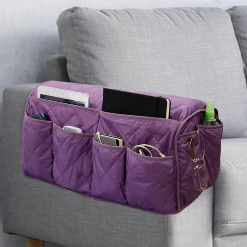 Sofa Armrest Organizer,Couch Remote Control Holder with 14 Pockets Waterproof Non Slip Recliner Organizer for TV Remotes Caddy, Book, Magazines, Ipad (Purple) by DECKALY
