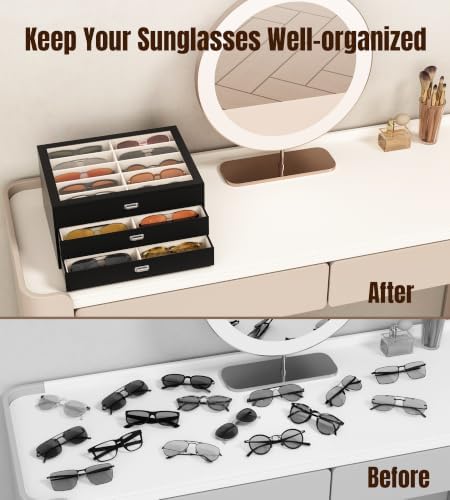 NEWLOOP Sunglass Organizer Display Case - Sunglasses Holder for Men Women Multiple Pair Eye Glasses Storage Organizer 3-Layer Jewelry Watch Eyeglass Collection Box with 30 Slots, Black - Image 6